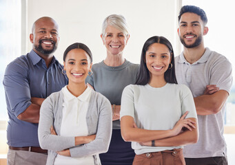 Poster - Portrait, confidence and group of happy business people with diversity, trust and solidarity at agency. Smile, professional men and women together in office with teamwork, pride or project management