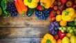 A hardwood table decorated with an assortment of fresh fruits and vegetables, capturing the beauty of local, whole foods in a stunning still life photography AIG50