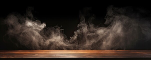 Wall Mural - Mysterious Mist: Eerie Smoke Rising Over Dark Wooden Surface Banner