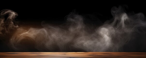 Wall Mural - Mysterious Mist: Eerie Smoke Rising Over Dark Wooden Surface Banner