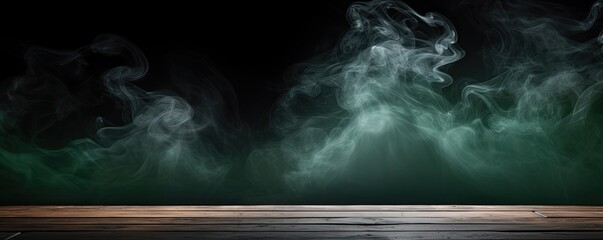 Wall Mural - Mysterious Mist: Eerie Smoke Rising Over Dark Wooden Surface Banner