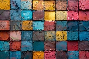 Poster - this image showcases cracked multicolored paint on old brickwork, giving a distressed texture