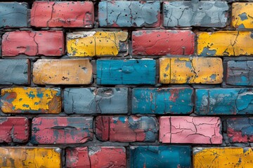 Poster - a wall of old bricks with peeling paint in shades of red, blue, yellow, and black