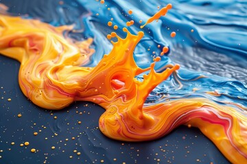 Poster - This stunning image captures the flowing movement of orange and blue paint waves combined on a smooth surface