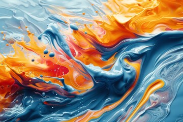 Poster - A visually striking image showcasing the mix of blue and orange paints creating a beautiful abstract swirl with a glossy finish