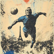 Vintage sports poster vibe! A French player soars for a header in the Euros, Eiffel Tower a silent witness.