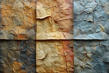 Poster - Collage of different colored cracked paint, showing detailed textures that represent aging and weathering over time on various surfaces