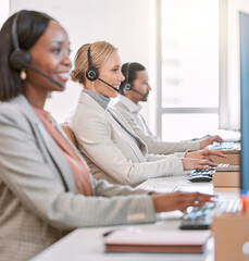Poster - Call center, employees and keyboard for team, smile and friendly for customer service, headset and tech support. Office, working and b2b for telemarketing, help and consulting for company and people