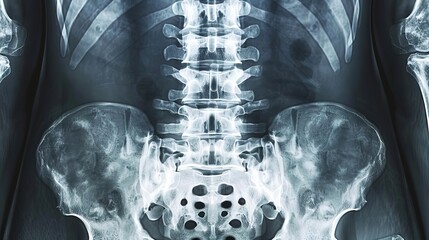 Wall Mural - A detailed orthopedic Xray showcasing the lower back region under stress, revealing the vertebrae alignment for thorough medical analysis