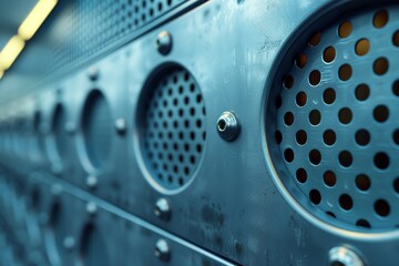 Poster - An abstract close-up of a blue metallic surface with circular perforations creating a techno-industrial aesthetic