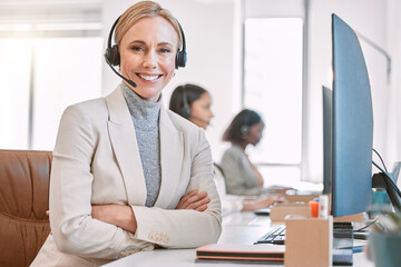 Wall Mural - Call center, portrait and woman in office, smile and friendly for customer service, headset and tech support. Team, working and b2b for telemarketing, help and consulting for company, person or agent