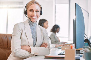 Sticker - Call center, portrait and woman in office, smile and friendly for customer service, headset and tech support. Team, working and b2b for telemarketing, help and consulting for company, person or agent