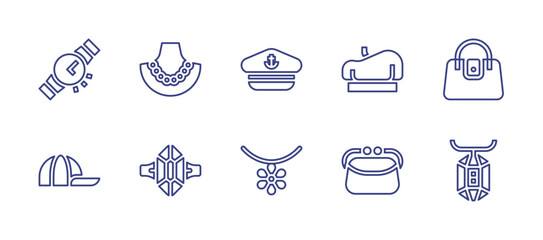 Wall Mural - Accessories line icon set. Editable stroke. Vector illustration. Containing ring, woman bag, pearl necklace, bag, gem, beret, cap, sailor hat, necklace, wristwatch.