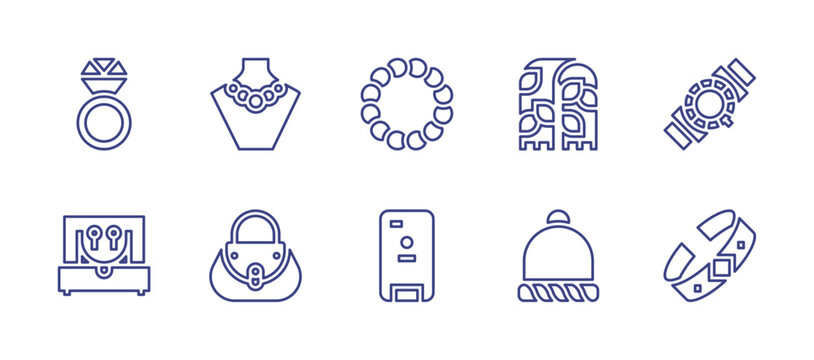 Accessories line icon set. Editable stroke. Vector illustration. Containing phone case, handbag, bracelet, watch, jewelry box, ring, necklace, beanie, pashmina.