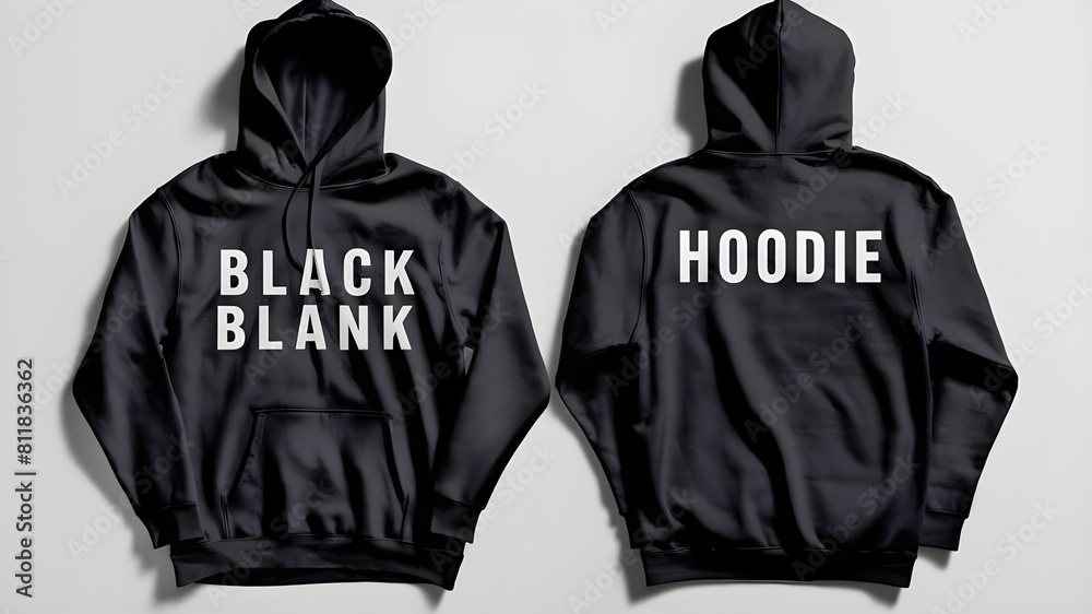 Blank hoodie mockup .Blank sweatshirt black color preview template front and back view on white background. crew neck mock up isolated on white background. Cloth collection. Stock Photo Adobe Stock