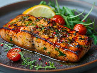 Wall Mural - grilled salmon with lemon and herbs on a plate.