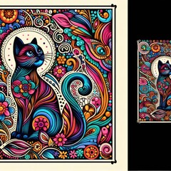 A colorful cat with flowers and leaves with Smith Museum of Stained Glass Windows in the background image attractive has illustrative meaning card design illustrator.