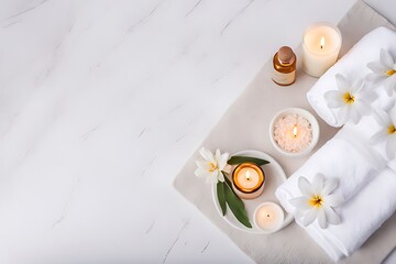 Wall Mural -  Spa background towel bathroom white luxury concept massage candle bath. Bathroom white wellness spa background towel relax aromatherapy flower accessory Zen therapy aroma beauty setting table salt oi