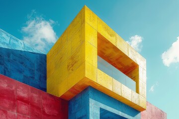 Poster - A modern architectural design of a building with a prominent yellow cube structure against a blue sky