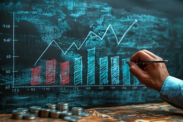 Poster - Close-up view of a hand pointing at financial bar charts and line graphs projected on a digital screen board with world map background