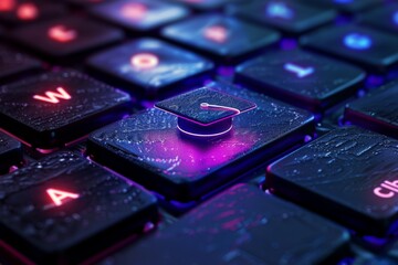 Poster - Close-up of a modern backlit computer keyboard focusing on the search key with vibrant glow conveying technology and information concept