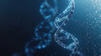 3D render of a double helix DNA structure on a dark blue background, in the style of an abstract scientific illustration. 