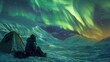 An adventurer in a sleeping bag outside a tent, gazing up at the green and purple hues of the aurora