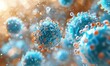  A 3d render of Microscopic Medical Images Showing Viruses. Microorganisms Under Microscope in Blue Colors. Background with Microorganisms and Space for Text.