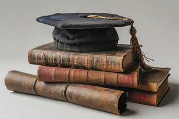 Wall Mural - Image shows an old-fashioned graduation cap resting on a pile of antique books, suggesting academic success