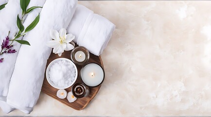 Wall Mural -  Spa background towel bathroom white luxury concept massage candle bath. Bathroom white wellness spa background towel relax aromatherapy flower accessory Zen therapy aroma beauty setting table salt oi