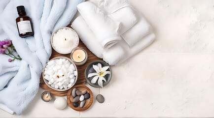 Wall Mural -  Spa background towel bathroom white luxury concept massage candle bath. Bathroom white wellness spa background towel relax aromatherapy flower accessory Zen therapy aroma beauty setting table salt oi