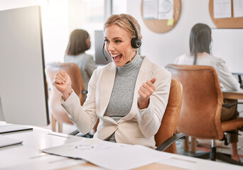 Sticker - Call center, winner and woman with smile, excited and bonus for customer service, headset and tech support. Office, working and b2b for telemarketing, help and consulting for company, person or agent