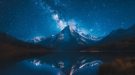 A beautiful mountain range with a lake in the foreground. The sky is dark and the stars are shining brightly