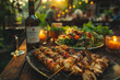 © Anek - A bottle of wine sits next to a plate of food, including skewers and salad. The scene is set outdoors, with a dining table and chairs. The atmosphere is relaxed and inviting