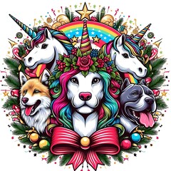 Many animals include dogs, cats, unicorns with rainbow and unicorns image art realistic photo photo illustrator.