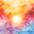 A colorful watercolor painting of a sun in the middle.