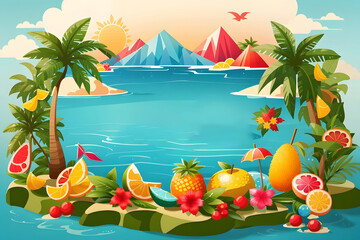 Leinwandbilder - Summer greeting vector background design. Hello, summer text in miniature island with tropical season elements of fruits and leaves for fun and relaxing holiday vacation design. Vector illustration