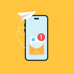 Poster - Send email from smartphone icon in flat style. Paper plane vector illustration on isolated background. Message transfer sign business concept.