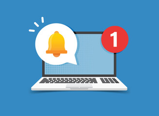 Poster - Laptop notification icon in flat style. Computer vector illustration on isolated background. Reminder message sign business concept.