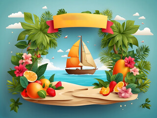Leinwandbilder - Summer greeting vector background design. Hello, summer text in miniature island with tropical season elements of fruits and leaves for fun and relaxing holiday vacation design. Vector illustration