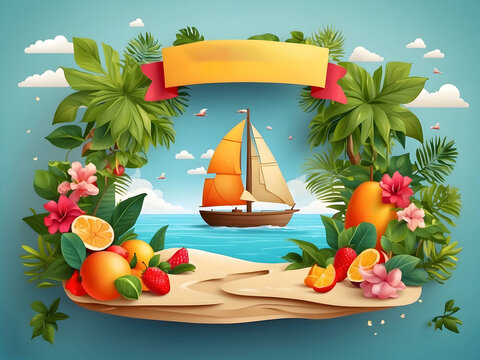 Summer greeting vector background design. Hello, summer text in miniature island with tropical season elements of fruits and leaves for fun and relaxing holiday vacation design. Vector illustration
