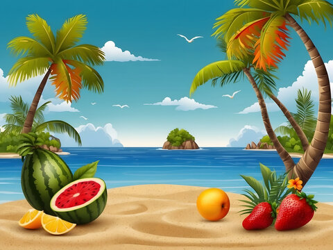 Summer greeting vector background design. Hello, summer text in miniature island with tropical season elements of fruits and leaves for fun and relaxing holiday vacation design. Vector illustration