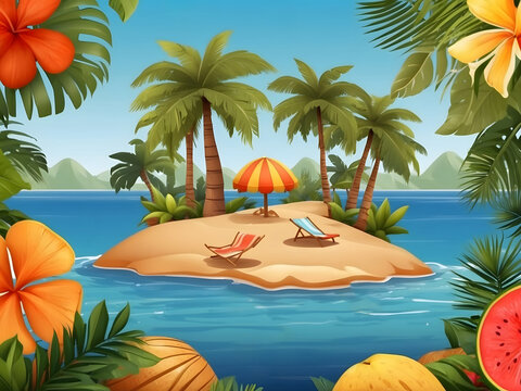 Summer greeting vector background design. Hello, summer text in miniature island with tropical season elements of fruits and leaves for fun and relaxing holiday vacation design. Vector illustration