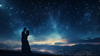 © Лариса Лазебная - An inspiring silhouette of a couple embracing under a starry sky, with the glow of city lights in the distance as the man proposes marriage with a ring in hand. Dynamic and dramati