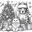 © annise - Many animals include dogs, cats, unicorns with a christmas tree art realistic harmony card design illustrator.