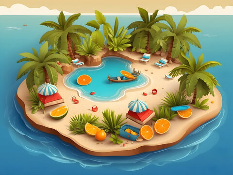 Summer greeting vector background design. Hello, summer text in miniature island with tropical season elements of fruits and leaves for fun and relaxing holiday vacation design. Vector illustration