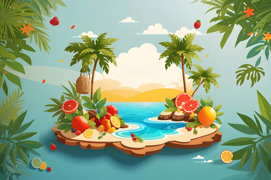 Summer greeting vector background design. Hello, summer text in miniature island with tropical season elements of fruits and leaves for fun and relaxing holiday vacation design. Vector illustration
