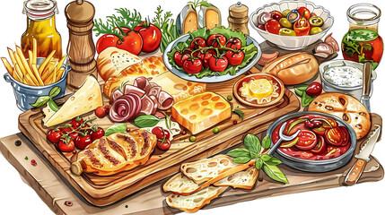 Wall Mural - food illustration featuring a variety of foods including bread, cheese, tomatoes, olives, and olive oil, arranged on a wooden table with a white bowl and a glass bottle nearby