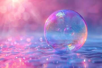 Poster - A close-up image of a large iridescent soap bubble reflecting vibrant hues on a bokeh background