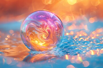 Poster - This image captures a glass sphere with swirling iridescent patterns on a bright, bokeh background